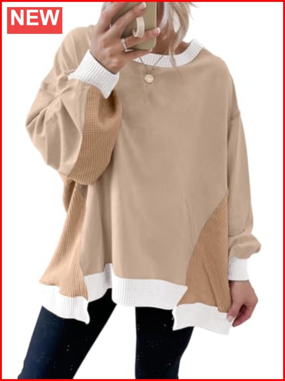 Waffle Knit Color Block Sweatshirt Oversized Long Sleeve Crew Neck Pullover